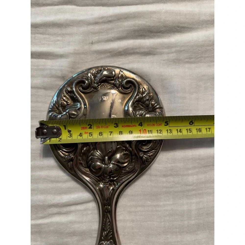 Vintage Art Nouveau Silver Tone Floral Hand Mirror Ornate Hibiscus Scroll Vanity